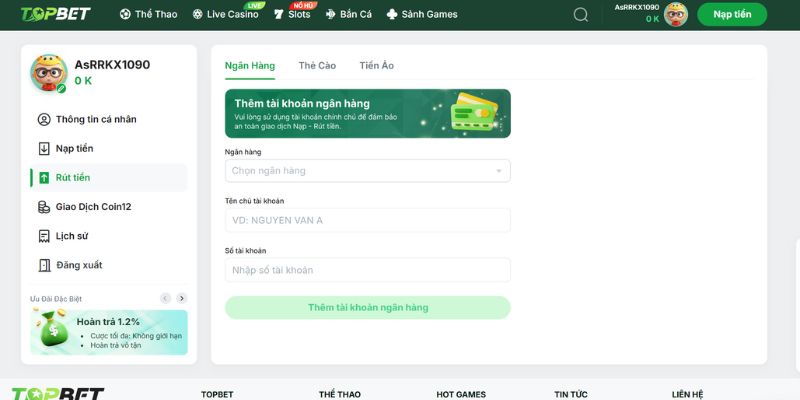 Các bước rút tiền nhanh chóng tại TOPBET
